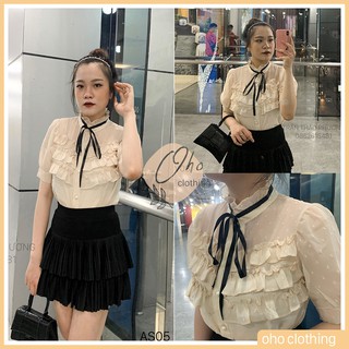 Áo Sơ Mi Nữ Ngắn Tay Vàng Be, Viền Bánh Bèo, Nơ Cổ Đen, Sang Chảnh  - Video Và Ảnh Thật - As05 - Oho Clothing