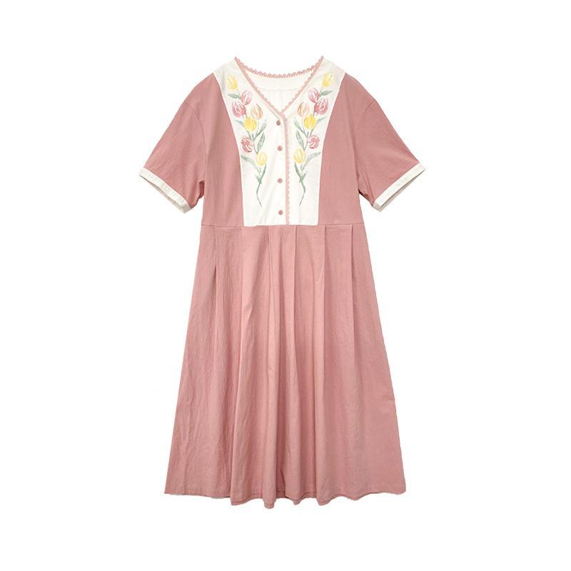 Đầm suông tay ngắn in hình hoa Tulip thời trang Hàn Quốc cho nữ