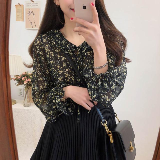 Áo sơ mi BH voan hoa dài tay dáng rộng xinh xắn theo phong cách mùa thu dành cho nữ