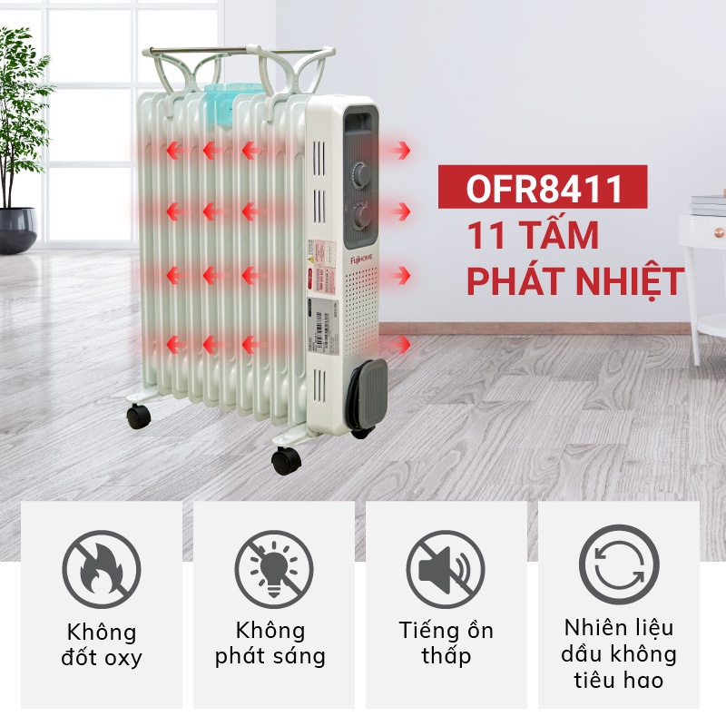 Máy sưởi dầu Nhật Bản Nhập Khẩu không khô da 11 thanh Fujihome, máy sưởi ấm điện không đốt oxy tự ngắt không gốm mini