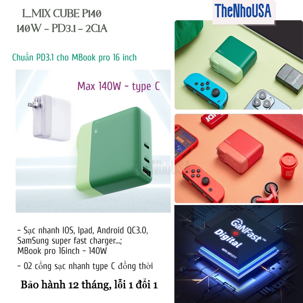 Củ sạc nhanh 140W Idmix Power Cube P140 - [2 Type C + 1 Type A] PD/PPS/QC.... - [BH 12T]