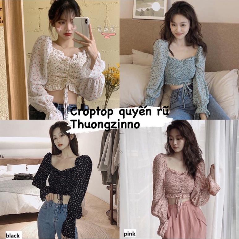 [Ảnh thật/Video]Áo croptop hoa nhí vintage thiết kế chun bồng tay dài Áo Croptop Trễ Vai Thời Trang  ྇