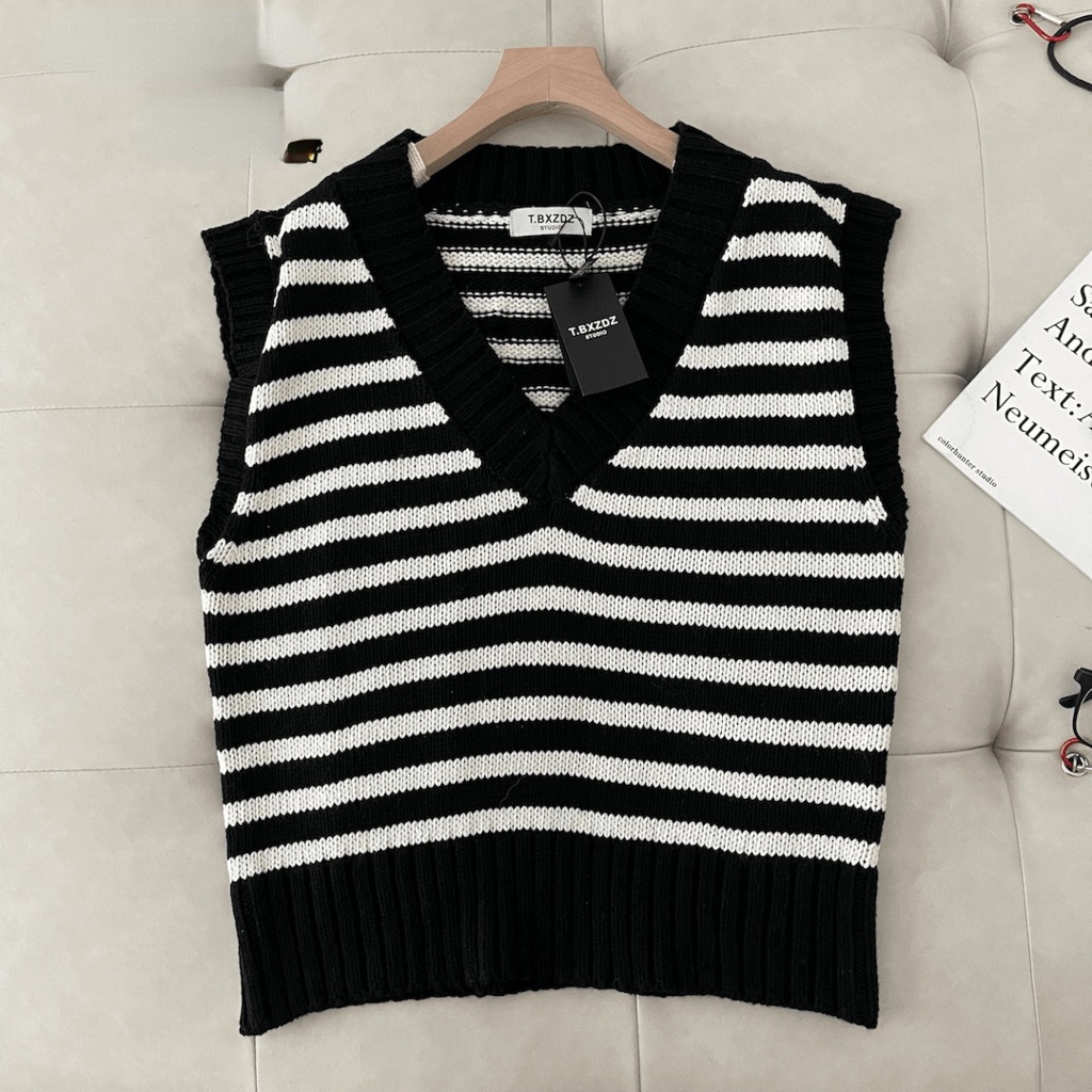 Áo len không tay dáng rộng họa tiết kẻ sọc thời trang retro Hàn Quốc trẻ trung