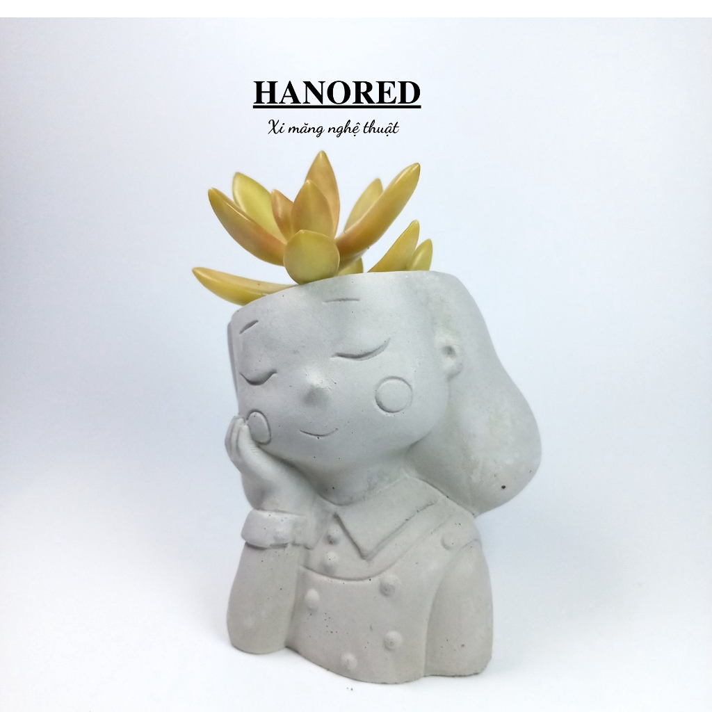 Chậu xi măng mini hình em bé đặt tay lên má đáng yêu HANORED trồng sen đá, xương rồng, tô tượng kích thước 8×6×6 (cm)