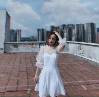 Đầm xoè tay voan lưới cổ cut out