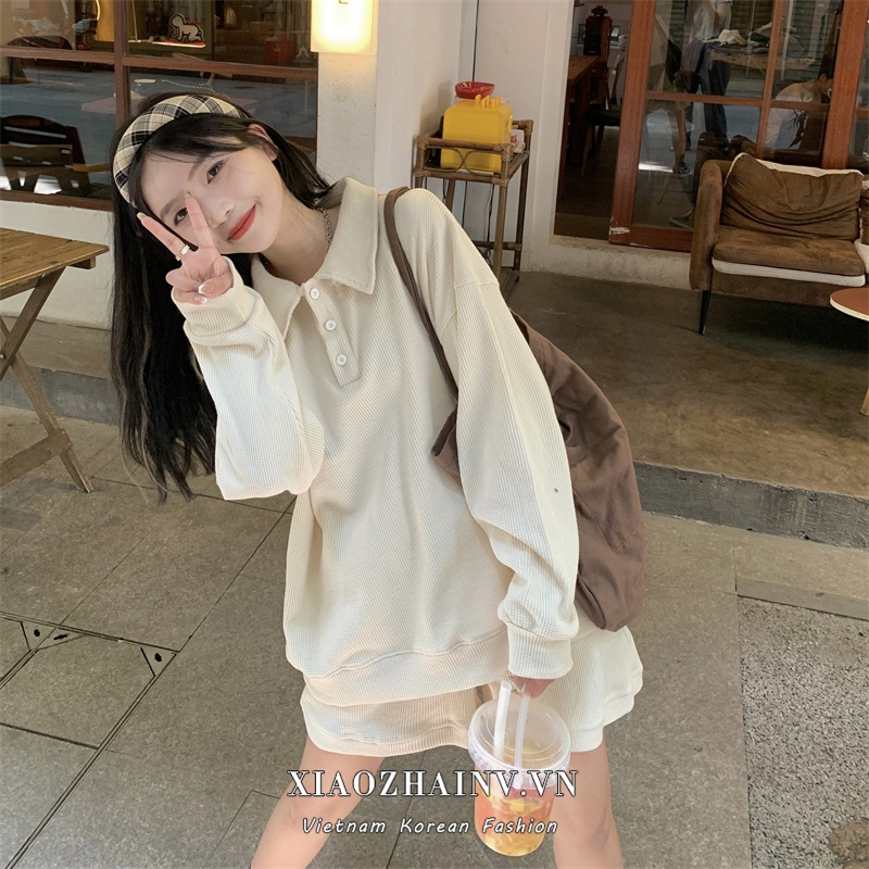 Xiaozhainv Áo Sweatshirt Cổ Polo Dáng Rộng / Quần Short Lưng Cao Phong Cách Hàn Quốc Cho Nữ (Bán lẻ)