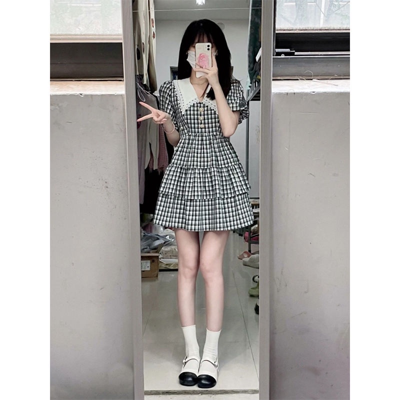 Đầm Chữ a Cổ Búp Bê Họa Tiết Kẻ Sọc Ngọt Ngào Thời Trang Mùa Hè Cho Nữ