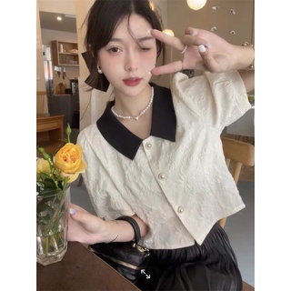  Sẵn order Áo sơ mi nữ hoạ tiết nổi vân hoa cổ polo tay phồng cách điệu croptop cúc ngọc sang chảnh điệu đà big size to 