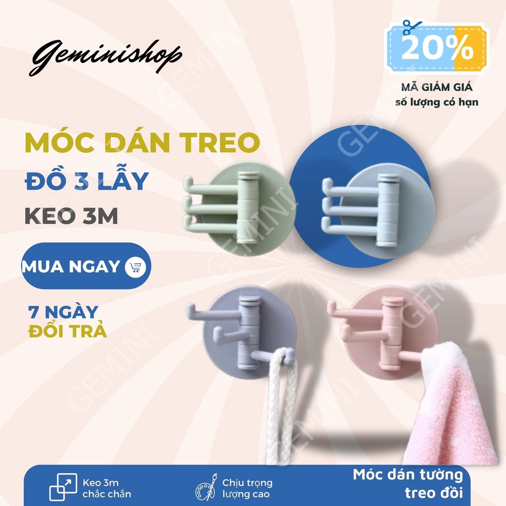 Móc Dán Tường Siêu Dính 3 lẫy Chịu Lực Treo tường Đồ Quần Áo Nhà Tắm Nhà Bếp B016 GEMINI SHOP