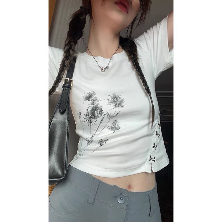 Áo Thun Ngắn Tay Cổ Tròn Xẻ Tà Ôm Dáng Thời Trang Hàn Quốc Cho Nữ