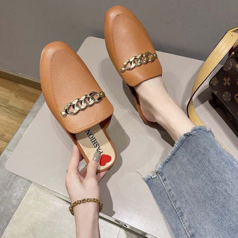 Dép sục nữ thời trang gắn xích 3 màu đen,kem,cam