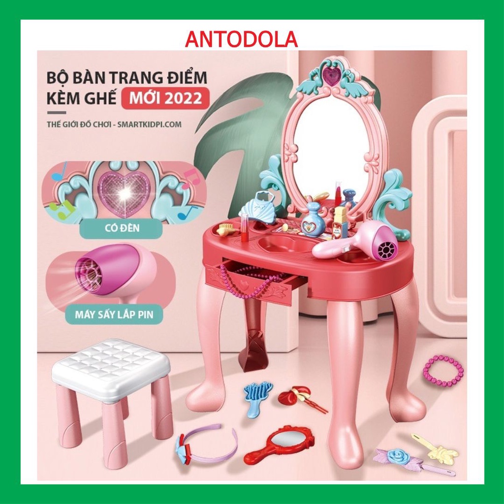 Đồ chơi bàn trang điểm kèm ghế ngồi, bộ trang điểm máy sấy lắp pin mới nhất