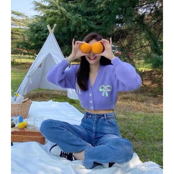 Áo len tím nơ cừơm ĐỊCH LỆ NHIỆT BA tay dài hot trend phong cách ulzzang -Khy6