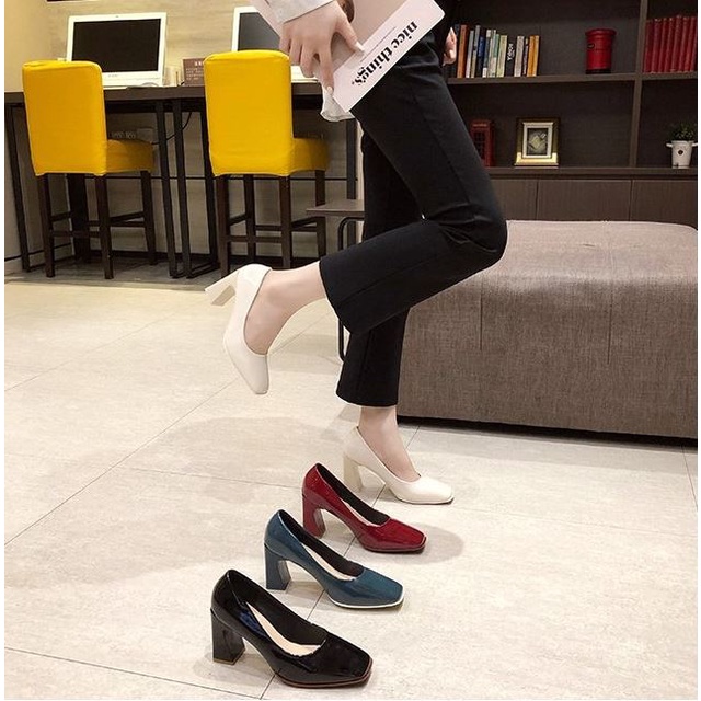 Giày cao gót nữ WOMENSTORY guốc mũi vuông đế 7cm da PU bóng cao cấp thời trang công sở 4 màu trẻ trung MS 209