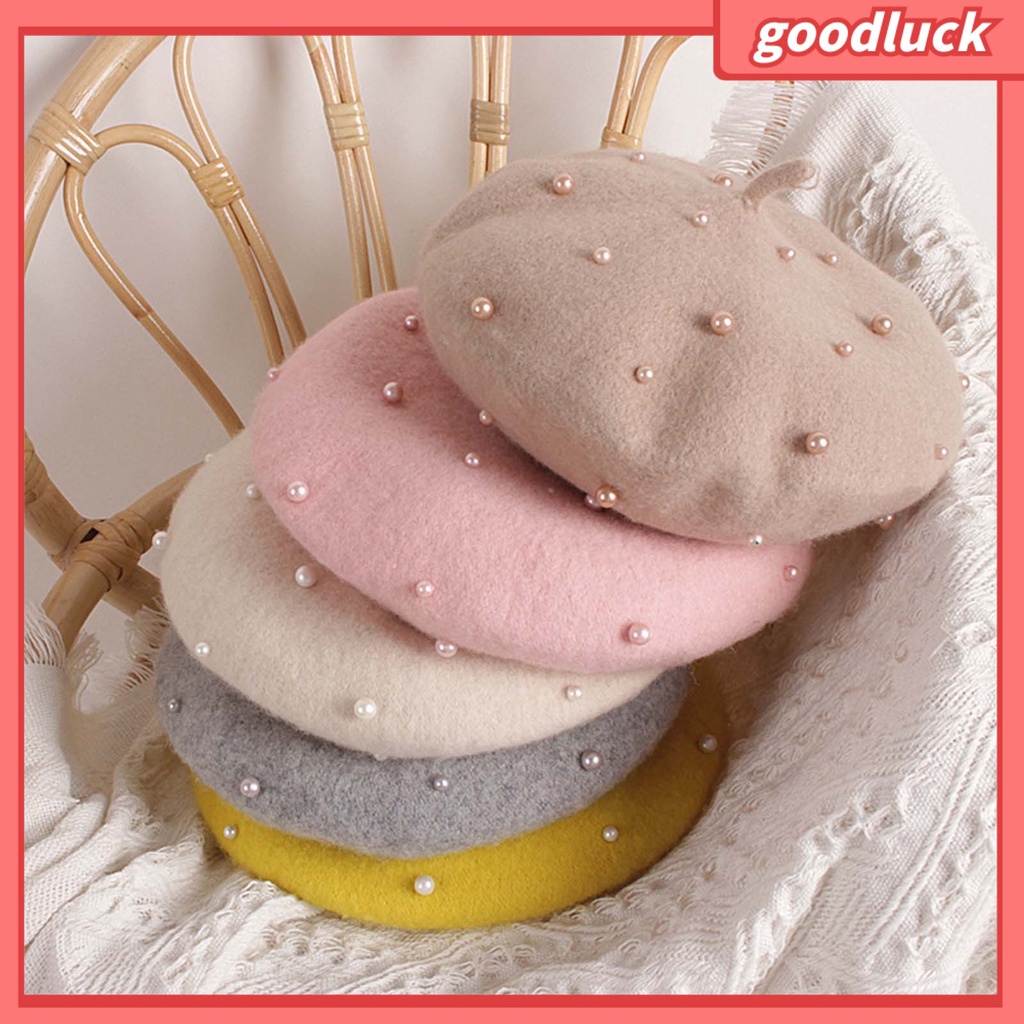 Mũ Beret Vải Lông Cừu Đính Ngọc Trai Màu Trơn Cổ Điển Giữ Ấm Thời Trang Cho Bé Gái