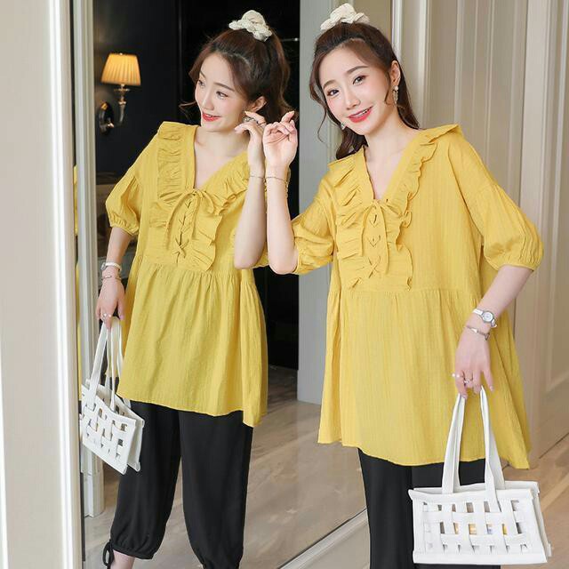 Áo bầu đẹp giá rẻ phong cách hàn quốc mùa hè shopdambau-YD1660 Áo bầu chất đũi cổ tim phối nơ bèo big size