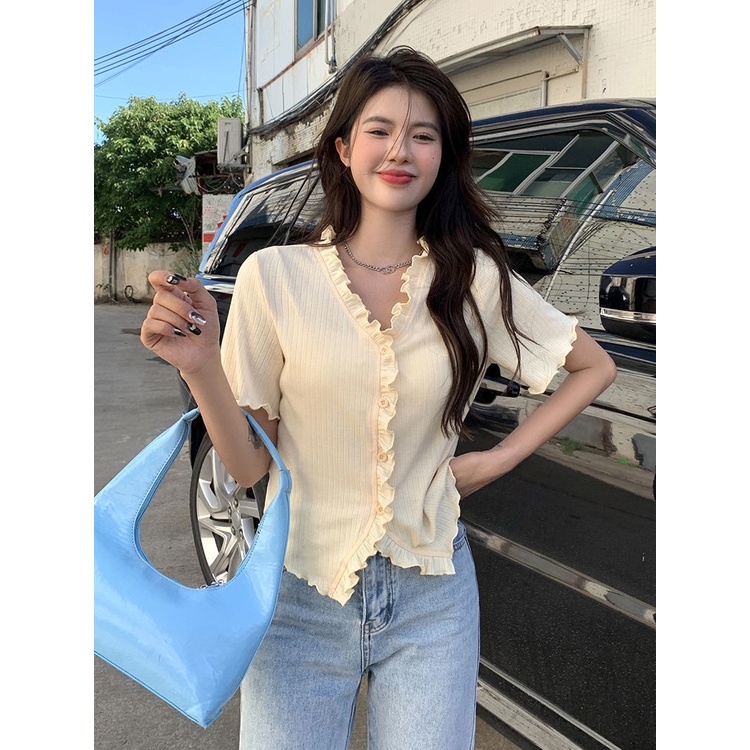 áo croptop ngắn tay áo sơ mi cổ chữ v thời trang dành cho nữ