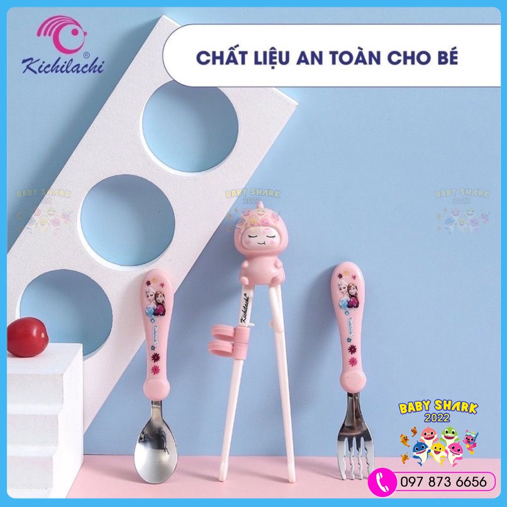 Bộ thìa dĩa đũa cho bé tập ăn Kichilachi CÓ HỘP ĐỰNG cao cấp chính hãng