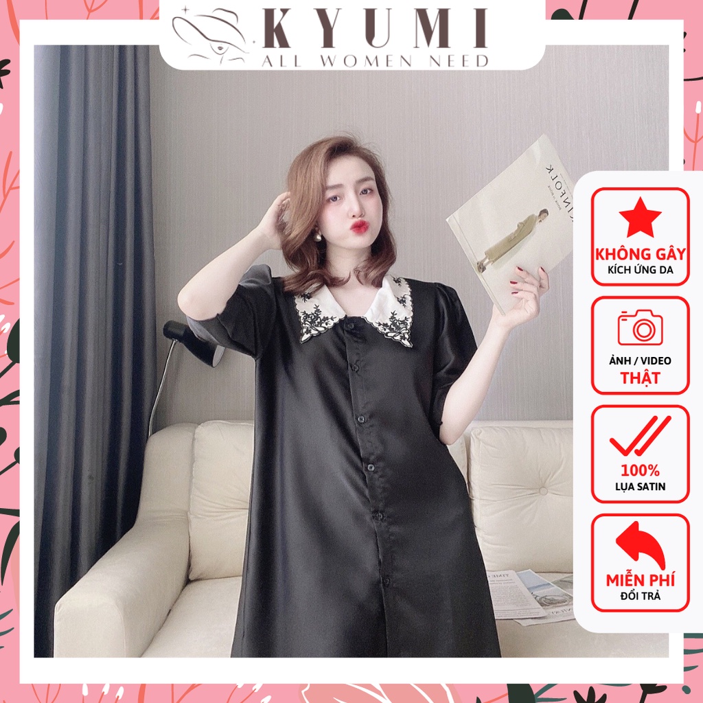 Đồ mặc nhà đầm ngủ tiểu thư tay ngắn KYUMI OFFICIAL, lụa satin mềm mịn mát, freesize 40-65kg tùy chiều cao 042