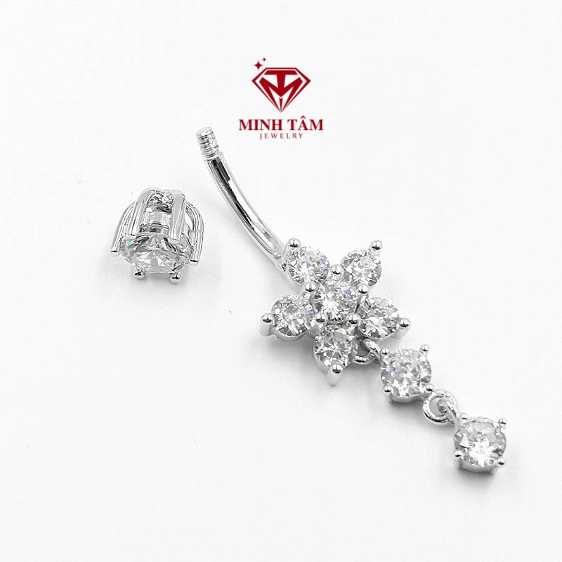 Khuyên rốn bạc 925 hoa daisy nạm đá dáng dài hàng nhập khẩu cao cấp-Minh Tâm Jewelry