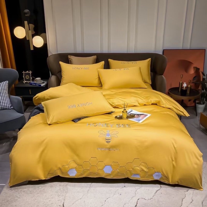 Bộ Chăn Ga Gối Lụa Cotton HONEY BEE Thêu Ong Sang Trọng Hàng Nhập Khẩu