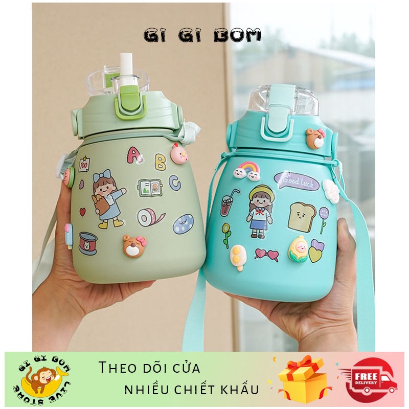 GiGiBomstore 1000ml Bình nước bình giữ nhiệt bình giữ nhiệt cute có ống hút inox 304 không rỉ an toàn