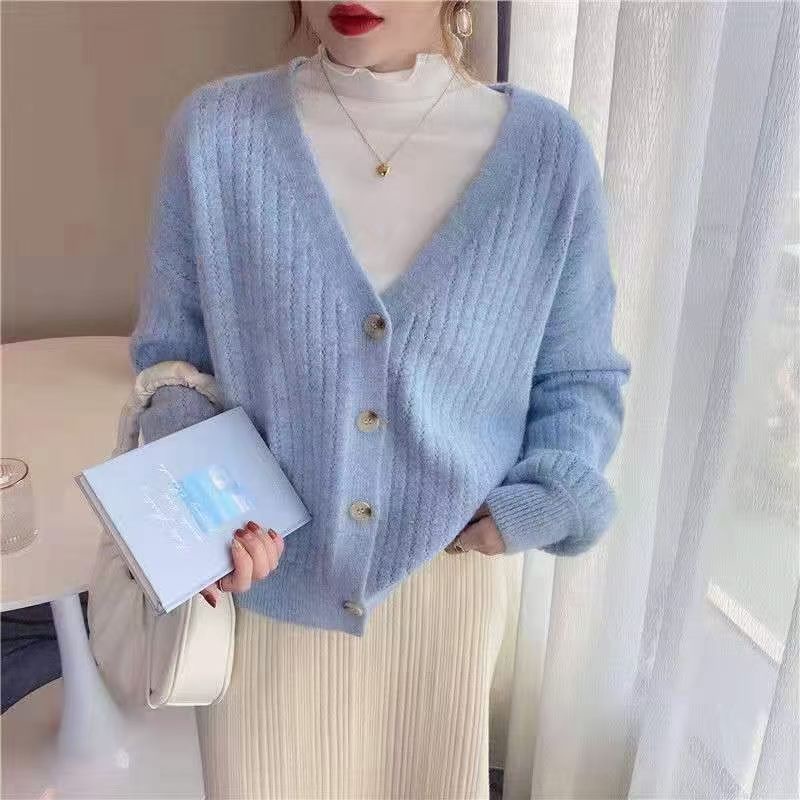 Áo khoác cardigan SUXI dệt kim dáng rộng tay dài màu trơn phong cách vintage thời trang mùa thu mới cho nữ
