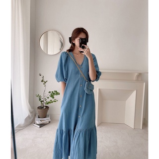 Đầm maxi chân bèo chất linen xanh jean - D808