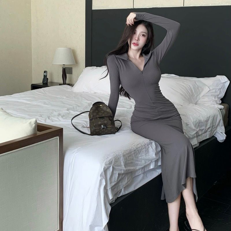 Đầm COZOKC tay dài dáng ôm phối khóa kéo thời trang cổ điển cá tính cho nữ