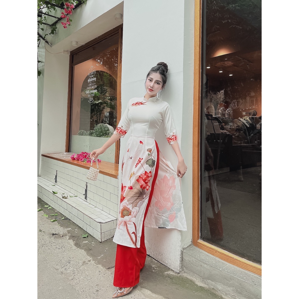 Áo dài cổ trụ trắng in hoa sen đỏ - AD16