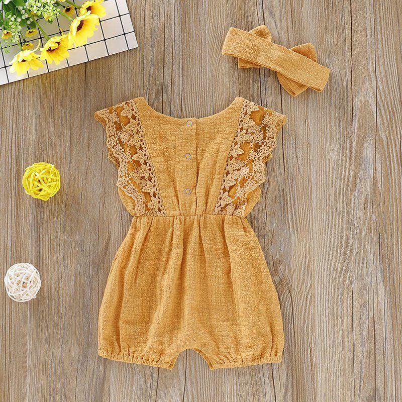 Jumpsuit Phối Ren Hoa + Băng Đô Cài Tóc Cho Bé