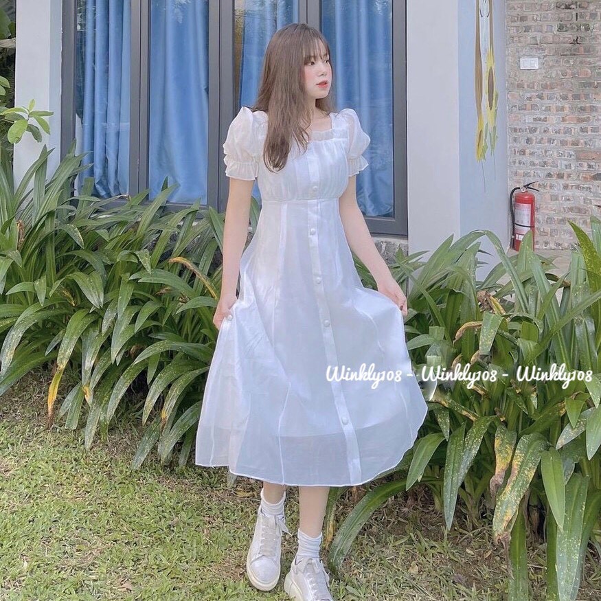 [Ảnh thật] Váy trắng cộc tay cổ vuông cúc bọc - Váy trắng kỉ yếu xoè voan tơ tay bồng | BigBuy360 - bigbuy360.vn