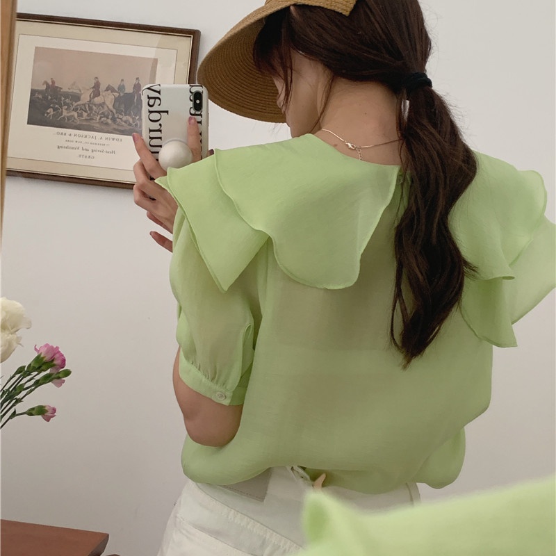 SUXI Áo Sơ Mi Tay Ngắn Dáng Rộng Cổ Bèo Màu Sắc Đơn Giản Phong Cách Hàn Quốc Thời Trang Mùa Hè