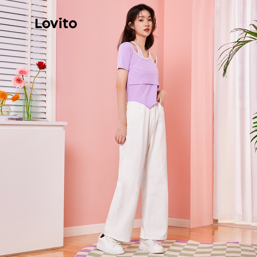 Áo (Lovito Exclusive) DOPAMINE GIRLS Ràng buộc tương phản không đối xứng đồng bằng Bình thường L28AE007 (Tím nhạt)