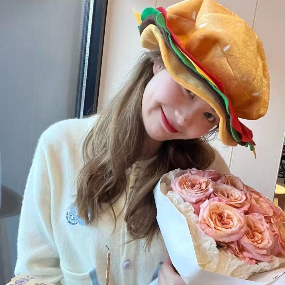 QQMALL Mũ Beret Vải Không Dệt Hình Hamburger Phong Cách Retro Hàn Quốc Ngọt Ngào Cho Nam Sinh