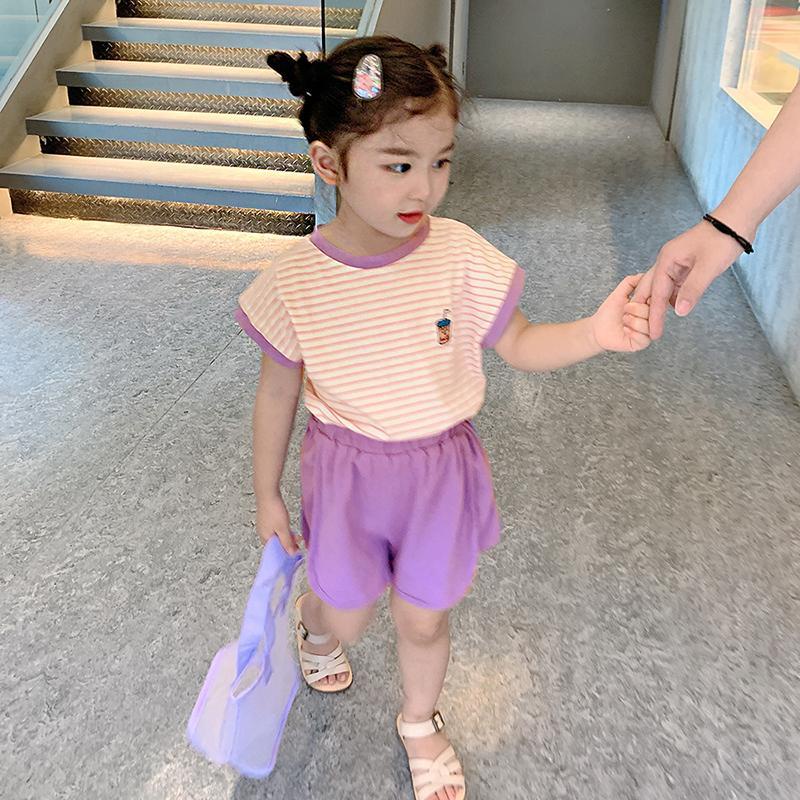 Set Áo Thun Ngắn Tay Kẻ Sọc + Quần Short Thời Trang Mùa Hè Cho Bé Gái