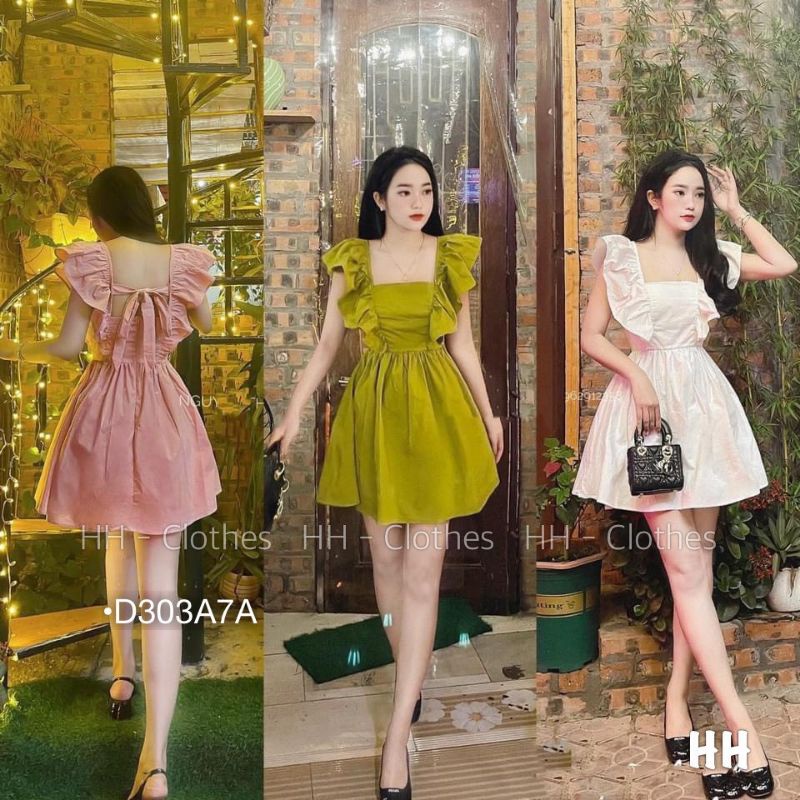 Đầm Xòe Cánh Tiên Váy Babydoll Nơ Lưng Tay Bèo Siêu Xinh Vải Thô Mát Màu Nude/Xanh chuối/Hồng