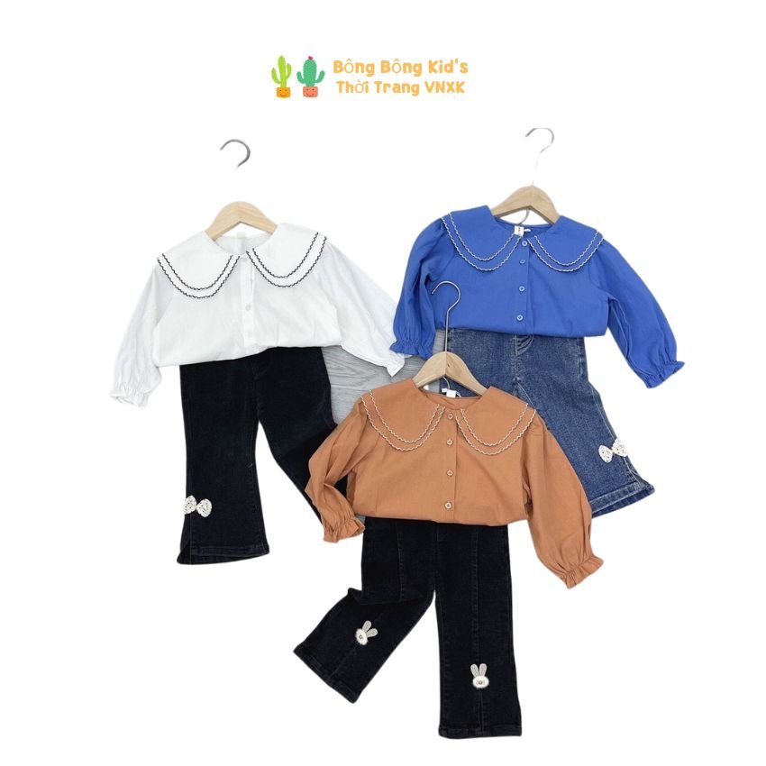 Áo Sơ Mi Bé Gái Phong Cách Hàn Quốc Màu Trắng, Nâu Cam Từ 4-8 Tuổi