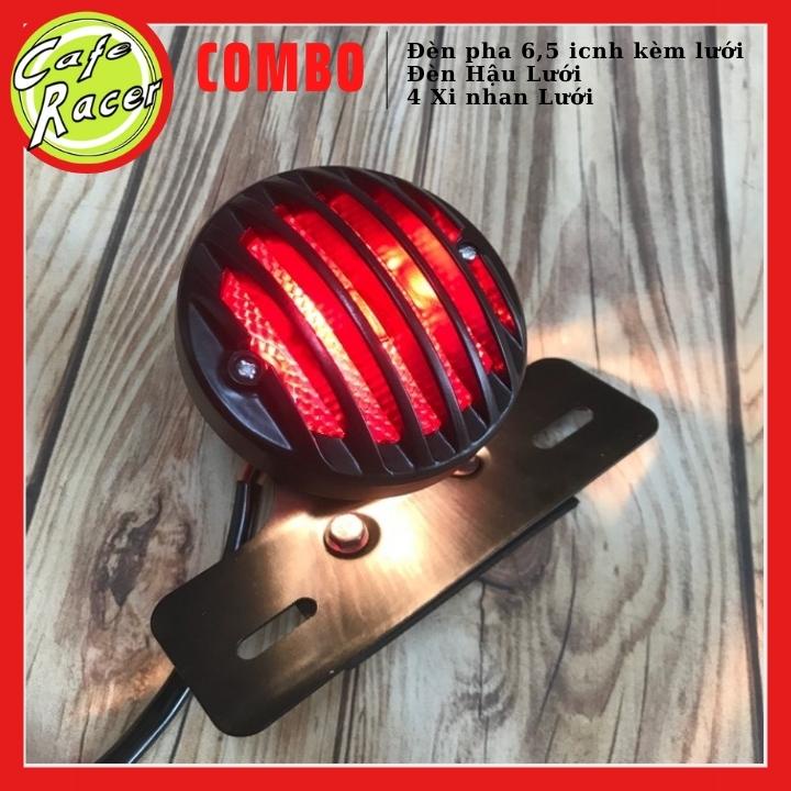 Combo đèn pha lưới 6,5icnh gáo sắt mặt kính cùng đèn hậu lưới và 4 xi nhanh lưới độ xe CAFE RACER
