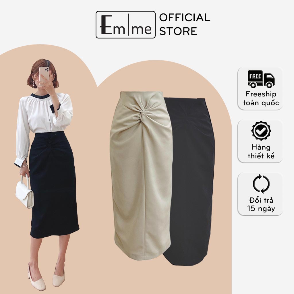 Chân váy bút chì EMME, chân váy công sở dài dáng bút chì xẻ tà cách điệu xoắn nơ bụng EMCV02