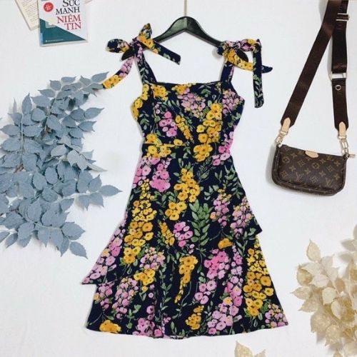 Váy hoa nhí họa tiết đầm tiểu thư vintage 2 dây dành cho nữ thiết kế trẻ trung, thời trang độc đáo Lokishop | BigBuy360 - bigbuy360.vn