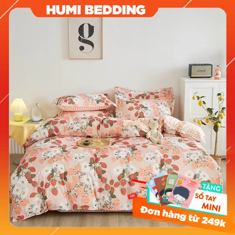 BỘ CHĂN GA VÀ VỎ GỐI POLY COTTON hoa và dâu tây - Bộ Chăn Ga Gối 5 Món Cao Cấp