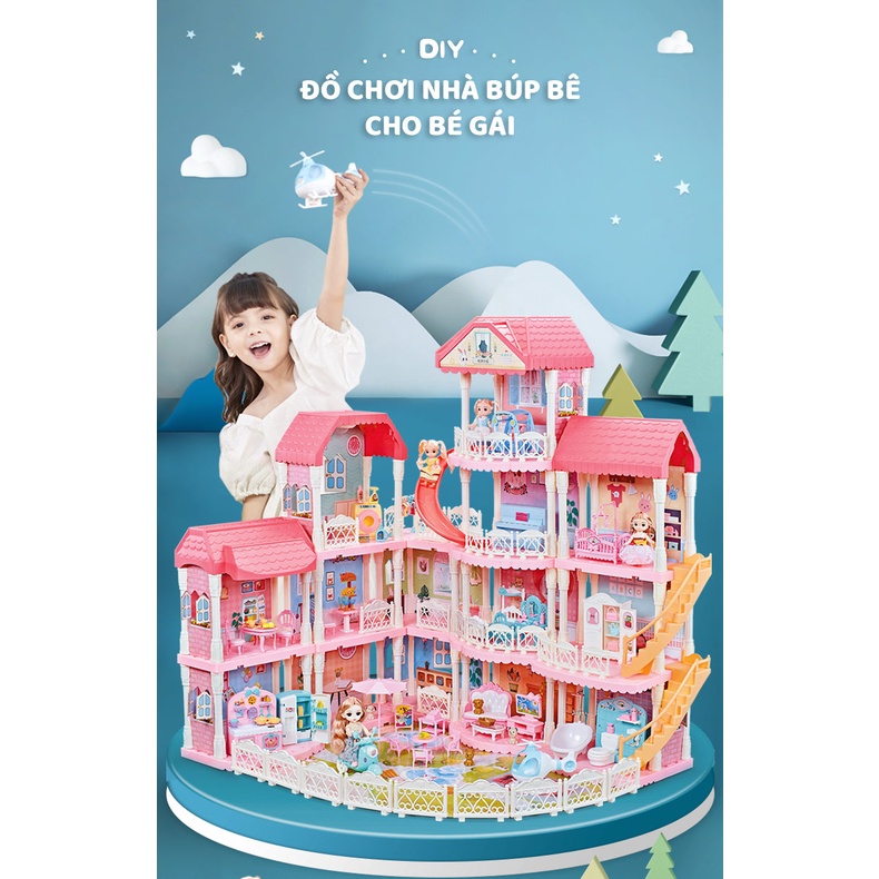 Nhà búp bê lắp ráp cỡ lớn 4 tầng bản mới 2023 Roadstar Castle Villa đồ chơi cho bé gái xây biệt thự chất liệu cao cấp