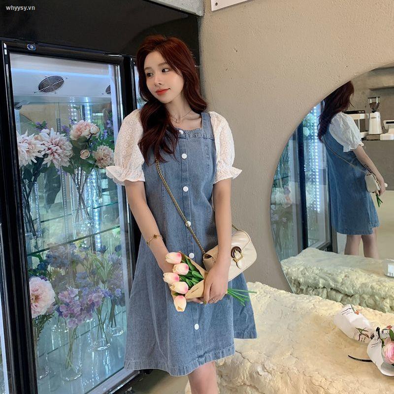 Đầm denim chữ a cổ vuông phối ren phong cách retro Pháp thời trang mùa hè cho nữ