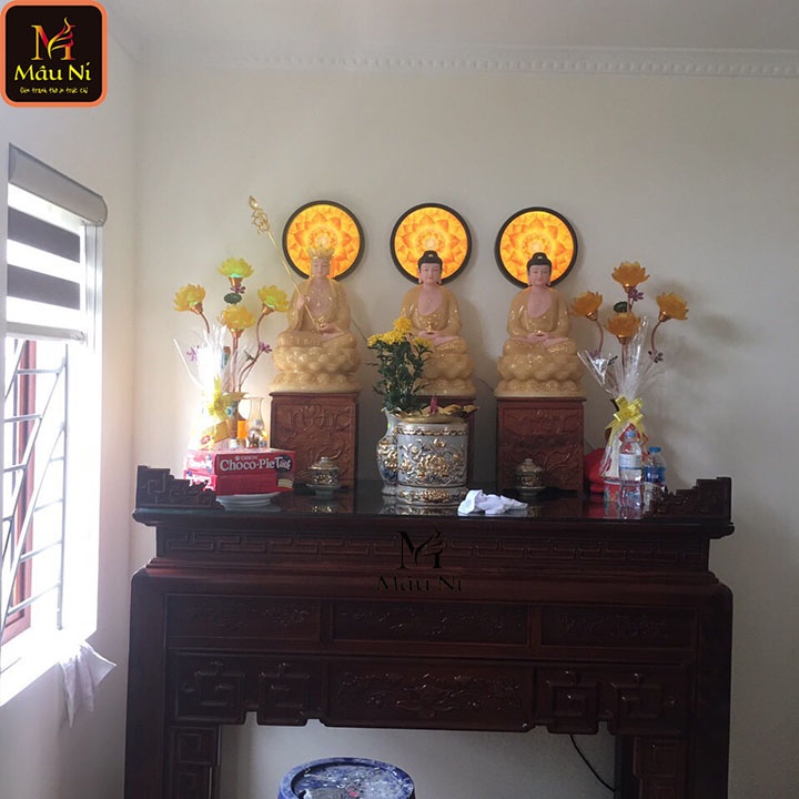 Đẹp - ĐÈN HOA SEN hào quang BÀN THỜ, đường kính 30cm, tranh in trúc chỉ MÂU NI  - cho bàn thờ đẹp