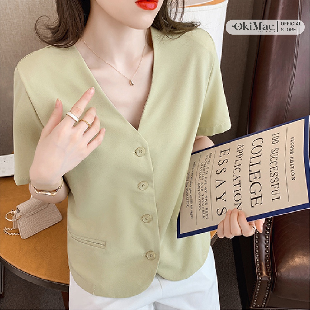 Áo sơ mi nữ ngắn tay OKIMAC cổ tim chữ v phong cách ulzzang hàn quốc đẹp chất lụa ý cao cấp không nhăn thời trang nữ