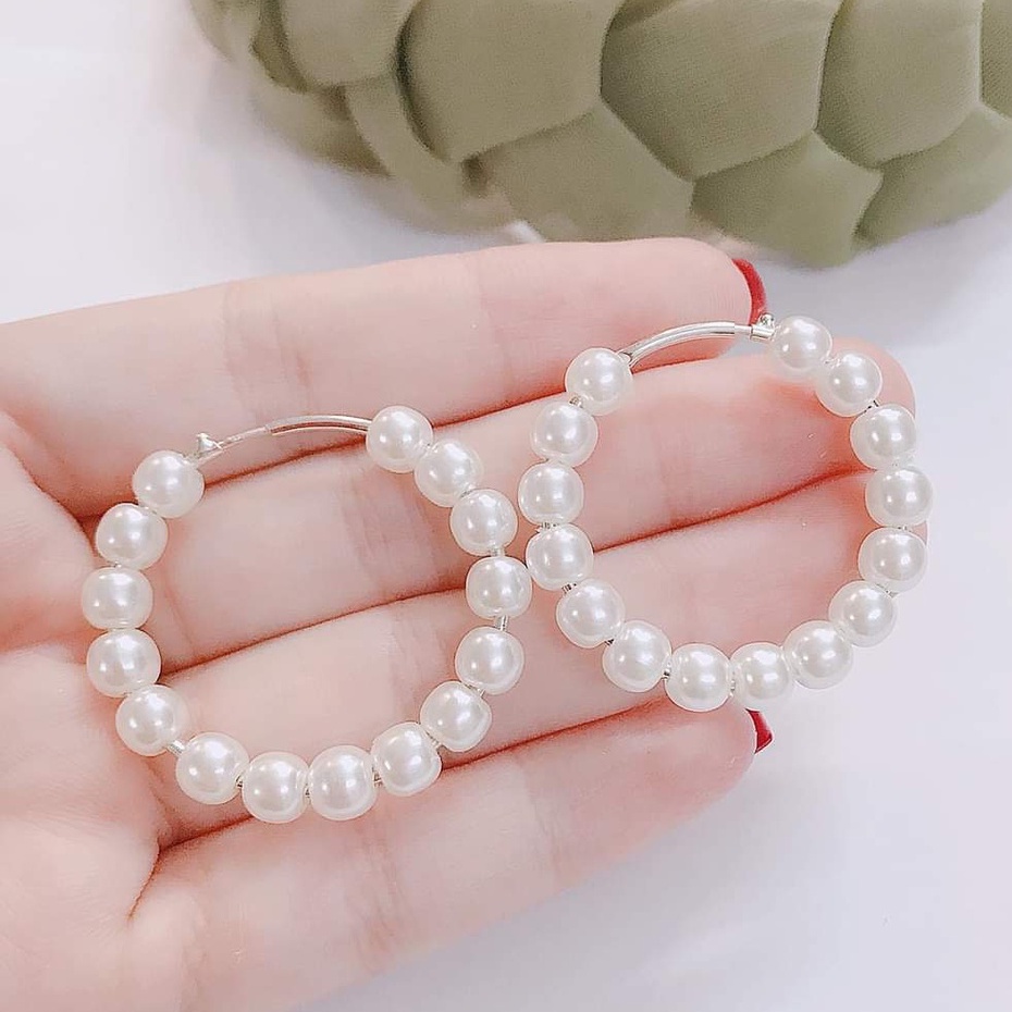 Khuyên tai bạc Van Jewelry V10734 Khuyên tròn to xỏ ngọc trắng