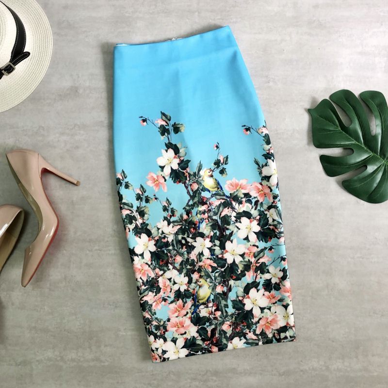 Chân Váy Bút Chì Dài Qua Gối Xẻ Tà In Họa Tiết Hoa Và Chim Thời Trang Mùa Hè Cho Nữ
