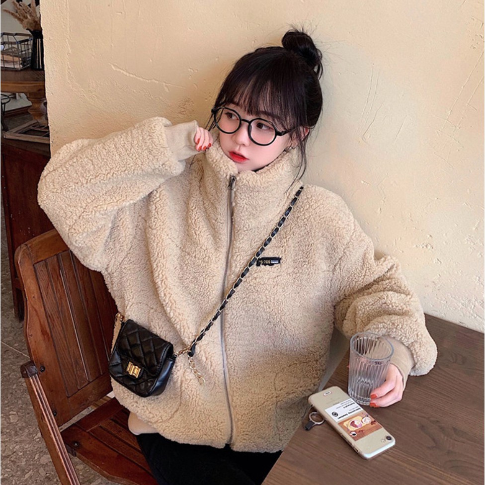 Áo Khoác nữ form rộng, áo khoác lông cừu Ulzzang nữ cổ đứng màu be | BigBuy360 - bigbuy360.vn