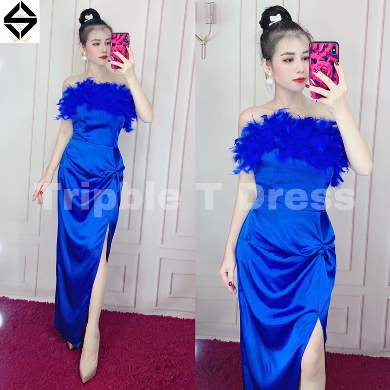 Đầm maxi body cúp lông xẻ đùi siêu xinh TRIPBLE T DRESS - Free size dưới 54kg
